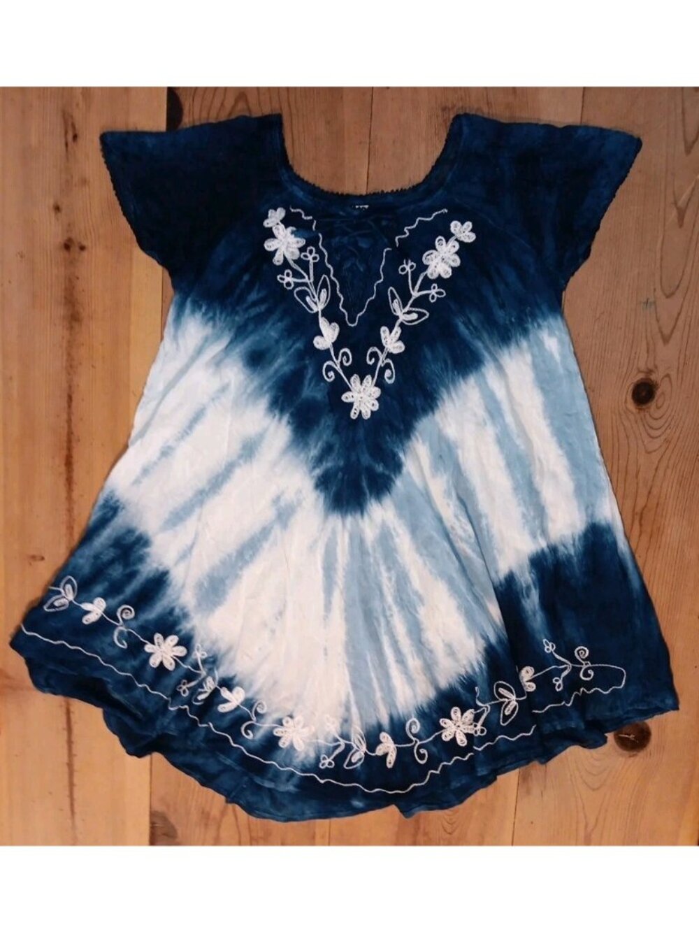 Riviera Sun Womens M Rayon Midi Dress Blue Tye Die Embroidered Boho Resortwear